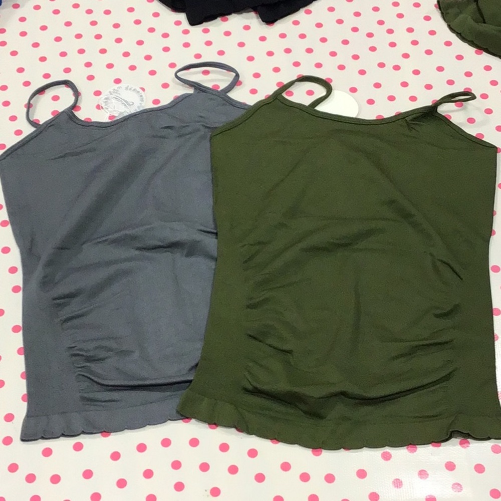 2 side ruched camis, scalloped bottom, one size, gray and olive green